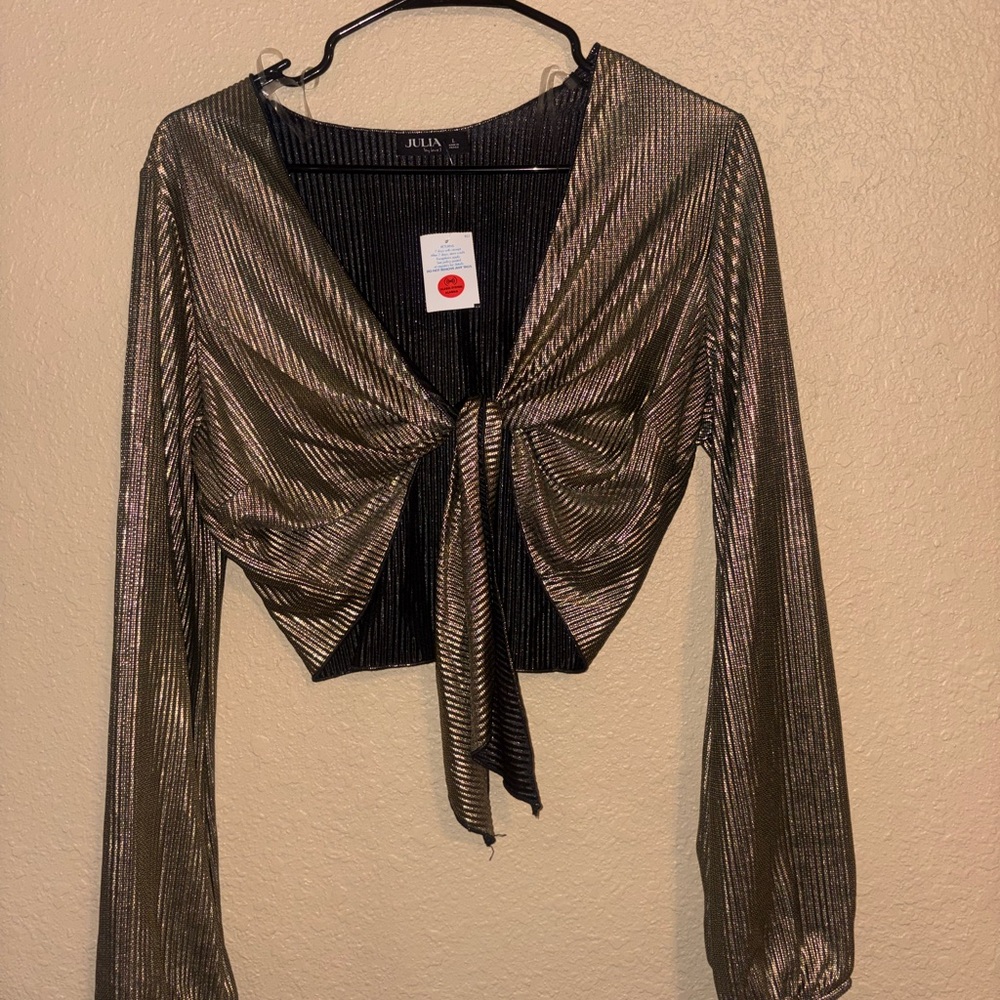 Julia Metallic Black Tie-Front Blouse